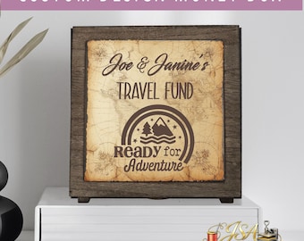 Personalized Vacation Travel Fund Savings Bank|Vacation Savings|Dark Wood Shadow Money Box|Coin Box|Savings Box|6.5”x6.5” Shadow Box