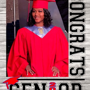 May include: A graduation photo of Kierra in a red cap and gown with the word "CONGRATS" and "SENIOR 2021" in black text on a wood background.