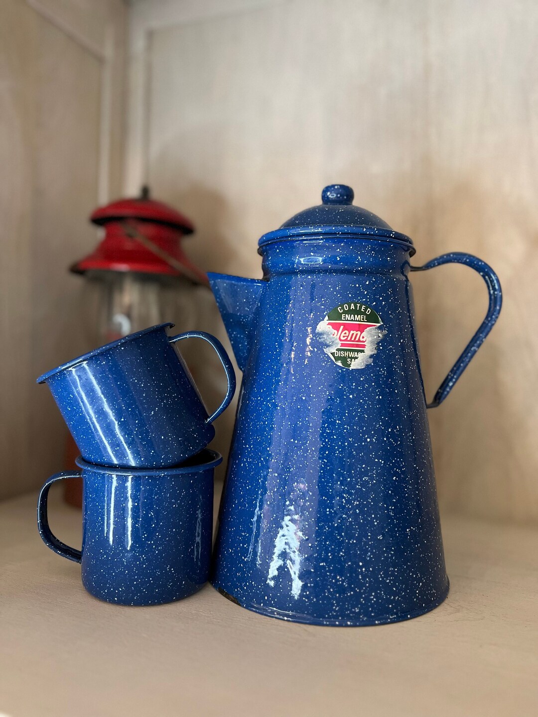 Ancien Percolateur Coleman 14 Tasses – Émaillé Bleu Et Inox – Vintage Camping