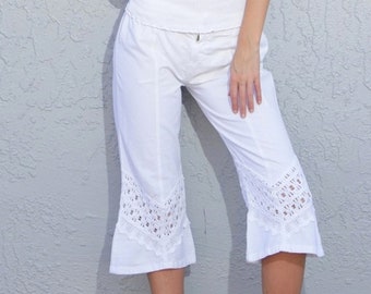 Organic Woven Cotton Inset crochet ANGIE Lace Capri Pants