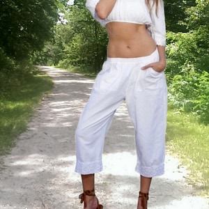 SASSY Organic gauze Cotton Pockets Lace Hem Capri Pants