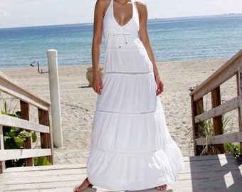 YACHT CLUB Organic Gauze Cotton Crochet  Nautical Wedding Maxi  Halter Dress