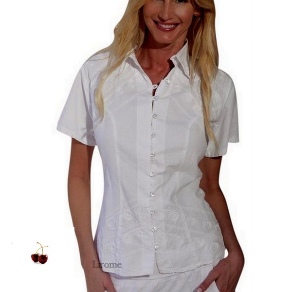 CHIQUI Organic Cotton Short Sleeves Embroidery Pattern Blouse XL