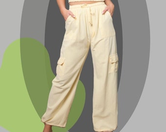 DEFNE Organic Gauze Cotton High Waist Retro Cargo Pants