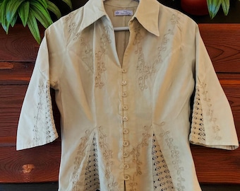 LILUBETH Crochet Lace Embroidered  Organic Woven Cotton Classic Blouse