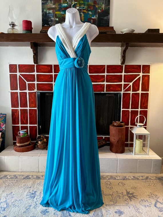 ENISE Blue White color block Empire Waist Wide Straps Evening Gown ENISE Blue White color block Empire Waist Wide Straps Evening Gown