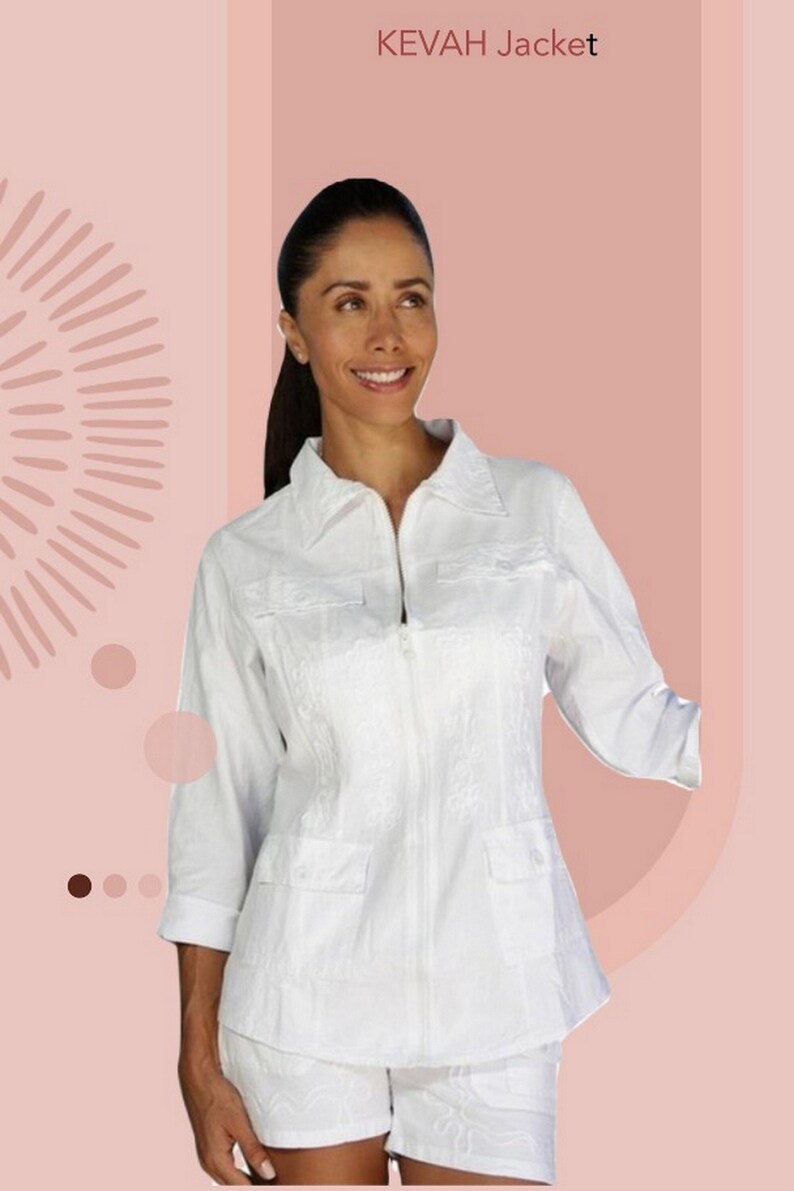 May include: White linen jacket with a zipper closure and two flap pockets. The jacket has a textured design and is worn with white shorts.
