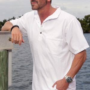 TULIO Organic Gauze Cotton Mandarin Collar Men&#39;s Nautical Shirt