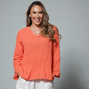 MAGGY Organic Gauze Cotton  Embroidered Buttoned Keyhole Sleeves Tunic