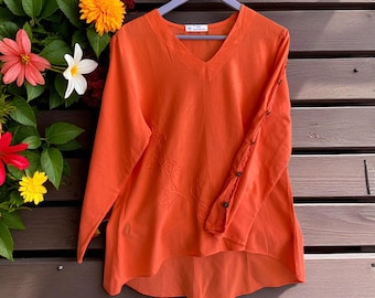 MAGGY Organic Gauze Cotton  Embroidered Buttoned Keyhole Sleeves Tunic