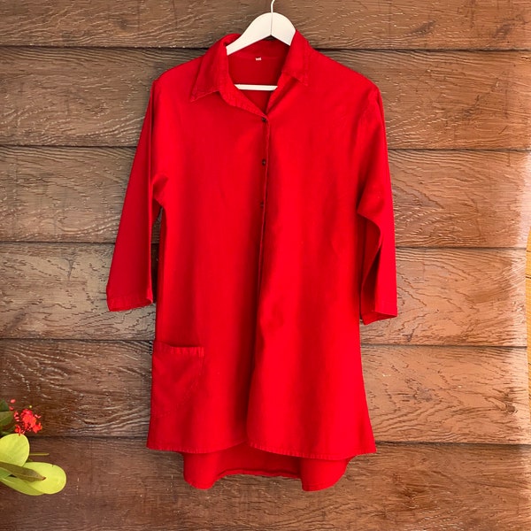 Red Low High Organic Woven Cotton Oversized Country Tunic Top M