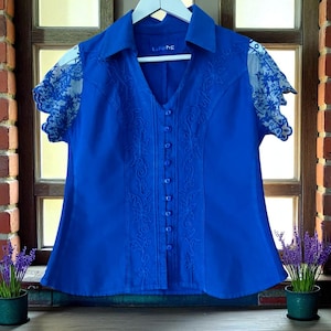 Organic Woven Cotton LUCY Cap Lace Sleeves Button Up Blouse