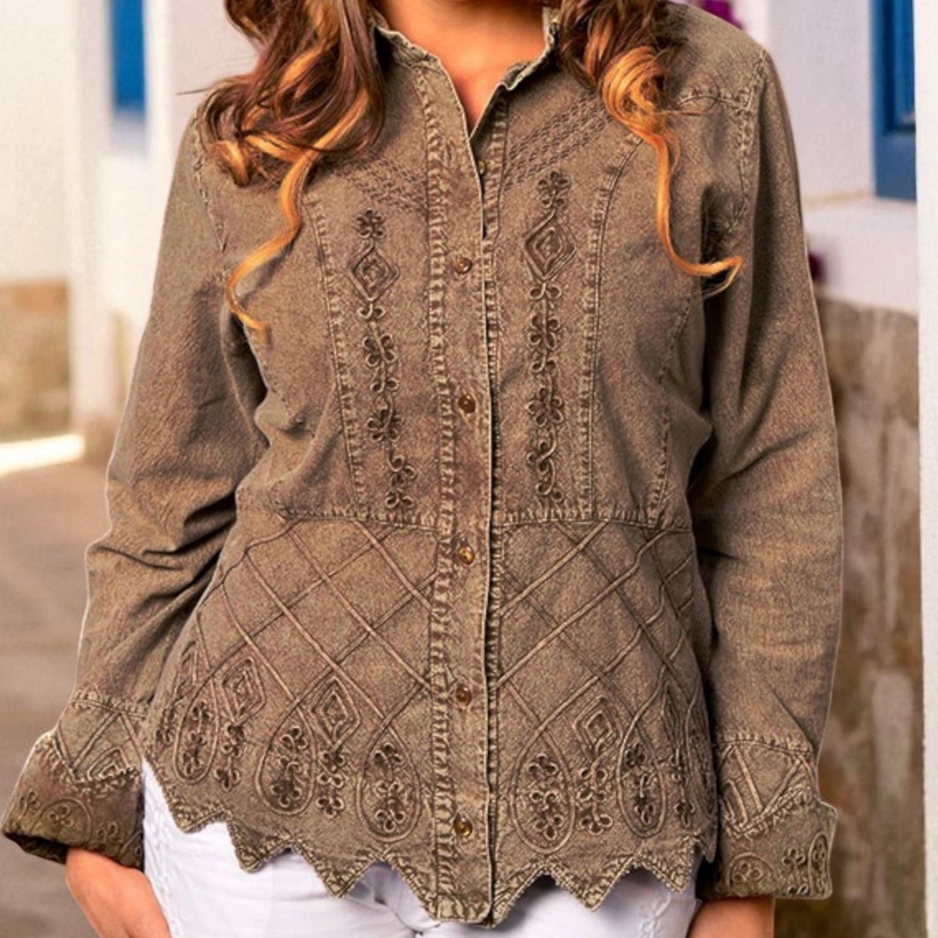 SABI Woven Cotton Embroidered Scalloped Edges Collared Blouse 1X