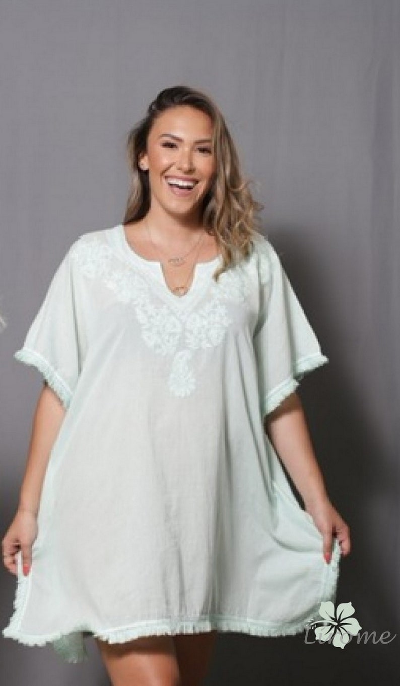 SALLY Organic Fine Cotton Embroidery Beach Cover Up Tunic O/S Green