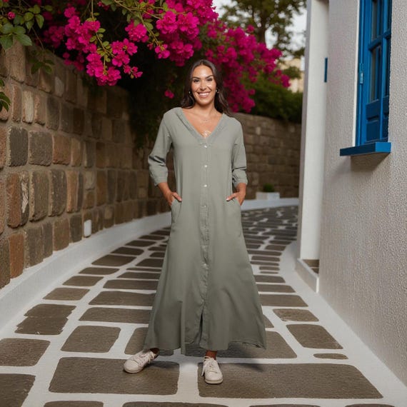 NEDRED Organic Gauze Cotton Roll-Up Sleeve Button Down Maxi Shirt Dress