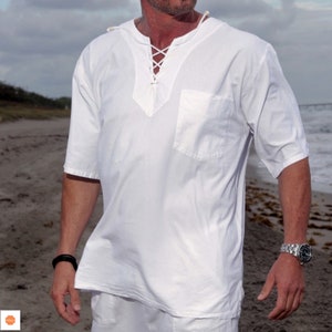 Camisa masculina estilo boho LEON de algodão orgânico com fecho de cordão