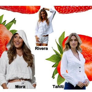 May include: Four women wearing white hooded tops with different styles and designs. Each woman is posed in front of a strawberry slice. The names "Shakira", "Mora", "Rivera", "Tahiti", and "Kimsa" are written below each woman.