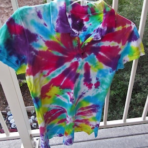 Bright Primary Color Hand Tie Dyed Polo shirt, short sleeves, Ladies Medium size