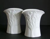 M. Frey AK Kaiser Germany 2 signed white bisque porcelain candleholders moulded leaves Mid Century Modernist German WGP design