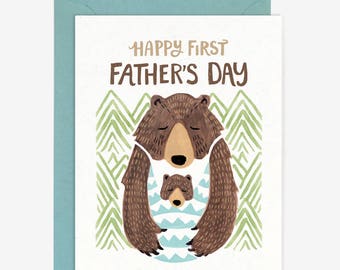 Happy First Father's Day Card // Papa Bear Baby Hand Lettering Sweet Whimsical Modern Watercolor Drawing Nature Woodland Quirky Paper Pony