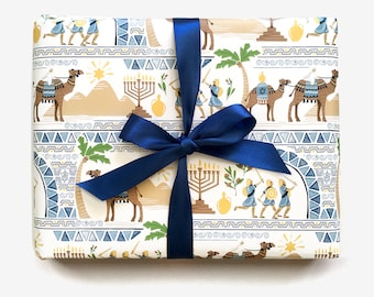 Hanukkah Story Gift Wrap // Set of 3 Sheets // Fun Whimsical Bold Kids Camel Menorah Maccabees Jewish Wrapping Paper Blue White Yellow