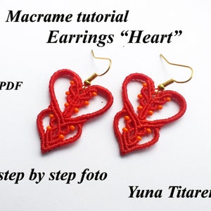 May include: Red macrame heart earrings with orange beads and gold hooks. 42 step by step photo tutorial in PDF. Macrame tutorial Earrings "Heart" Yuna Titarenko