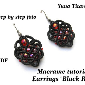 May include: Black macrame earrings with red beads, titled "Black Rose" and "Macrame tutorial". The listing includes 48 step-by-step photos in a PDF format.