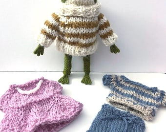 Clothing to Fit 5”  Frog or Mouse, Hand Knitted Customizable Outfits, Sweater, Dress, Shirt or Pants (Frog or Mouse Not Included)