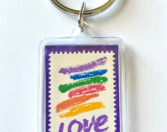 Love Rainbow Stamp Keychain, Pride Keychain, Vintage Love Stamp, Rainbow Stamp