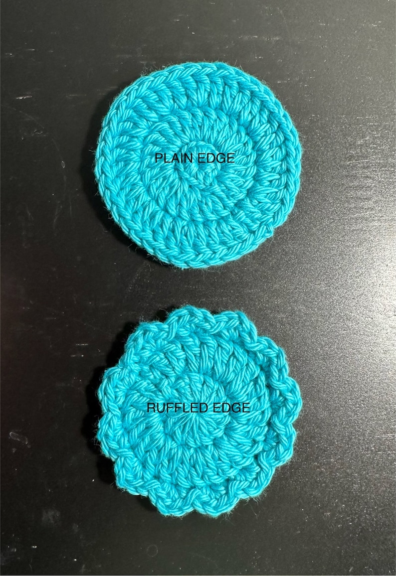 May include: Two crocheted coasters, one with a plain edge and one with a ruffled edge. Both coasters are turquoise blue.