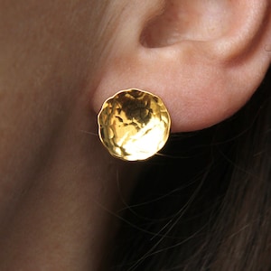 Golden Hammered Sterling Silver Stud Earrings: Minimalist Jewelry