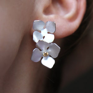 Handmade Silver Hydrangea Earrings: Botanical Zircon Studs