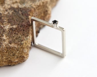 Fine Silver Square Ring with zircon. Geometric Stack Ring. Simple Modern Everyday Ring. Handmade recycled silver jewelry. Gift for her