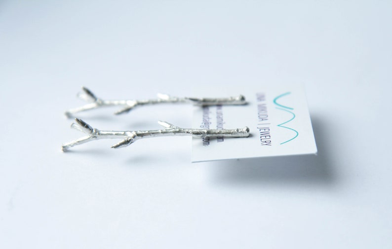 Botanical Silver Twig Stud Earrings. Recycled Silver nature inspired statement earrings. Silver branch studs. Twig jewelry. Gift for her image 3