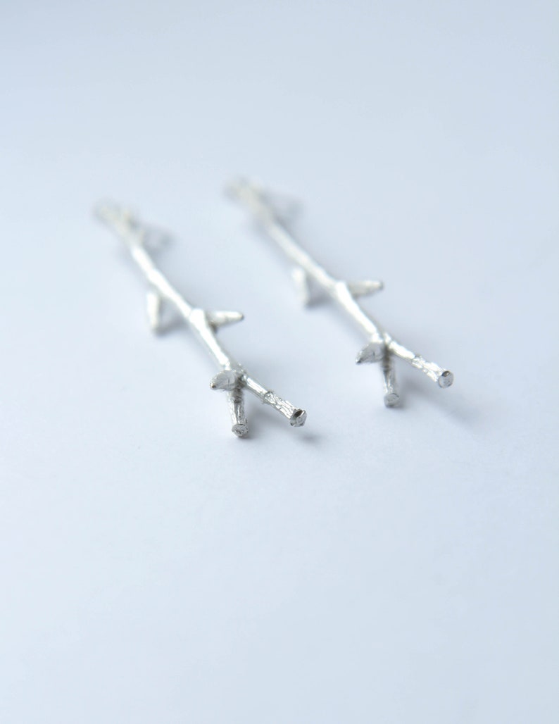 Botanical Silver Twig Stud Earrings. Recycled Silver nature inspired statement earrings. Silver branch studs. Twig jewelry. Gift for her image 4