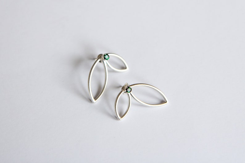 Botanical silver flower earrings with green opal. Silver studs with stone. Simple recycled silver everyday jewellery. Gift for her image 5