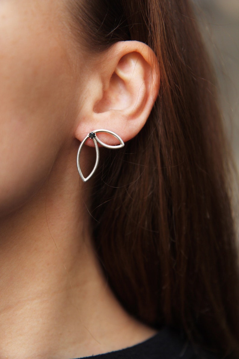 Botanical silver flower earrings with green opal. Silver studs with stone. Simple recycled silver everyday jewellery. Gift for her image 1