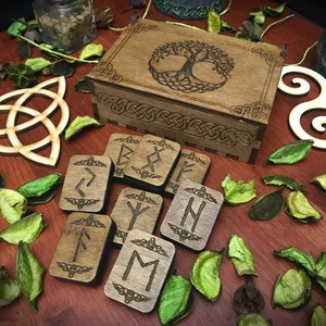 Futhark runes set with box - paganism pagan witch witchcraft esotericism laser engraved pyrography divination tools Odin wicca wiccan wood