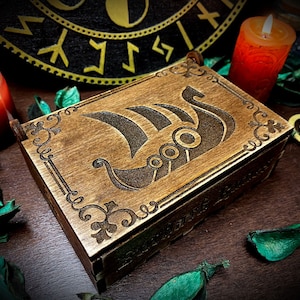 Aged Futhark runes set with box - paganism pagan witch witchcraft esoteric laser engraved pyrography divination tools Odin wicca wiccan wood