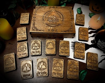 Witches&#39; runes set with box - paganism pagan witch witchcraft esoteric laser engraved pyrography divination tools wicca wiccan wood