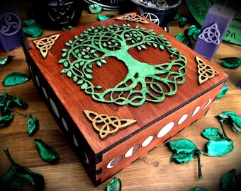 Hand painted and laser engraved poplar wooden box - Esotericism Witch Witchcraft Wicca Wiccan Tree of Life Pagan Box Chest Magic