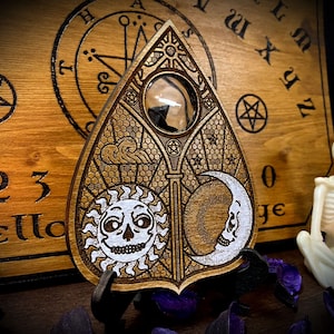 Engraved Wooden Planchette for Ouija Board "Scary Sun&Moon"  esotericism paganism pagan witch witchcraft wicca ouijaboard Sun Moon death