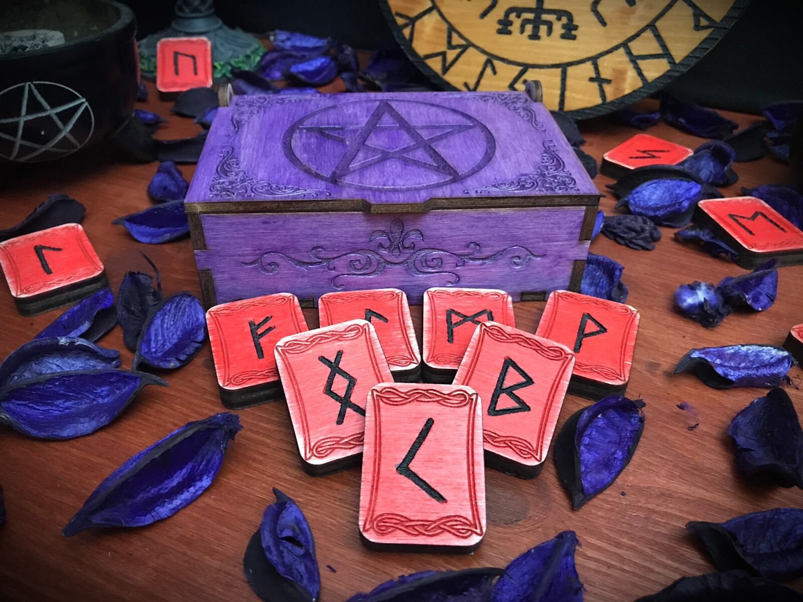 Aged Futhark runes set with box - paganism pagan witch witchcraft esoteric laser engraved pyrography divination tools Odin wicca wiccan wood