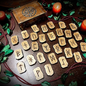 Aged Anglo-Saxon Futhorc runes set with box - paganism pagan witch witchcraft esoteric pyrography divination tools Odin wicca wiccan wood