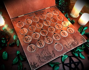 Futhark runes set with casket - paganism pagan witch witchcraft esoteric laser engraved pyrography divination tools Odin wicca wiccan wood