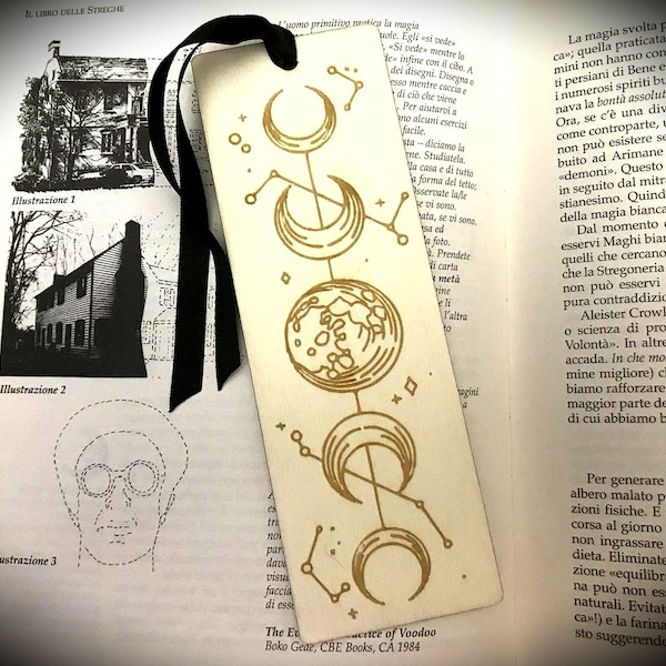 Vertical wooden bookmark "Moon Phases" - Esotericism Witch Witchcraft Wicca Wiccan Pagan Paganism Esoterism Occult Reading Book Books