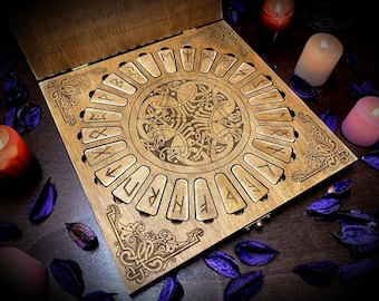 Futhark runes set with casket - paganism pagan witch witchcraft esoteric laser engraved pyrography divination tools Odin wicca wiccan wood