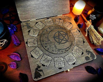 Witches&#39; runes set with casket - paganism pagan witch witchcraft esoteric laser engraved pyrography divination tools wicca wiccan wood