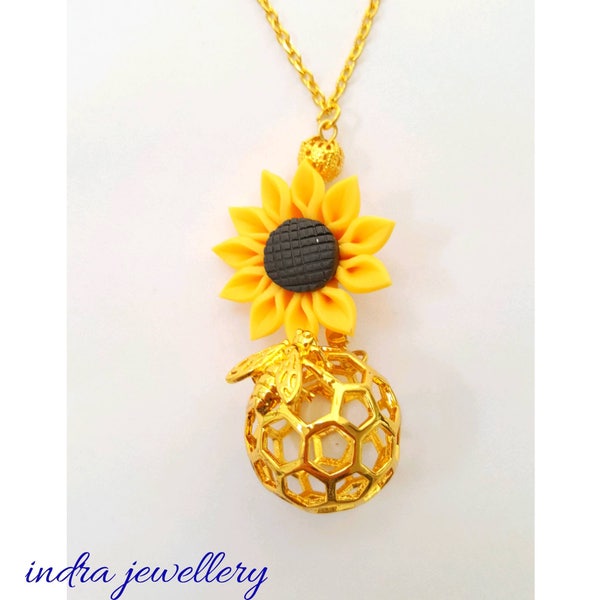 honeybee necklace, honeycomb necklace, sunflower necklace, honeycomb ball necklace, sunflower bee necklace, bee jewelry, sunflower jewelry