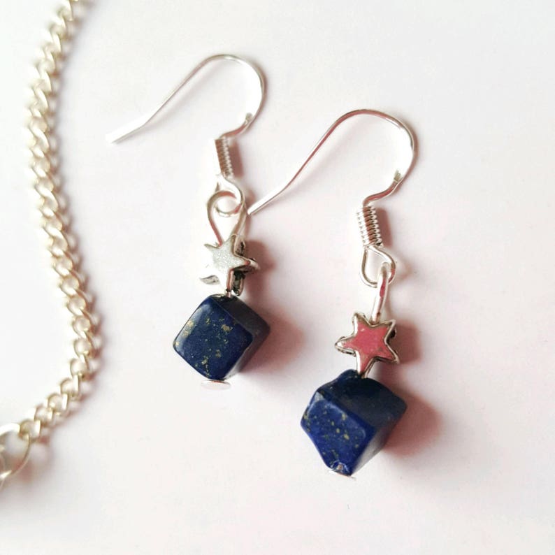 semi precious jewelry lapis lazuli jewelry set lapis lazuli cube necklace gemstone star necklace blue star necklace and earrings